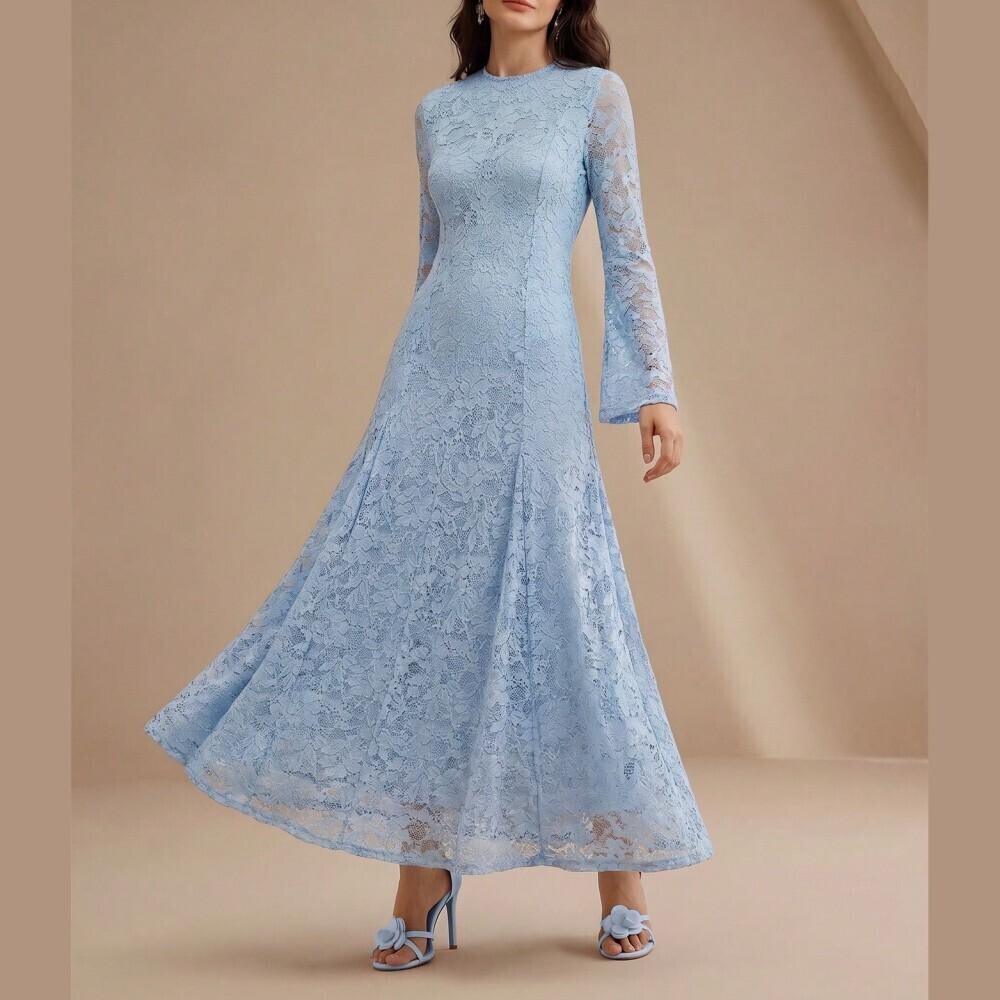 Sky Blue Floral Lace Round Neck Sheer Bell Sleeve Maxi Dress